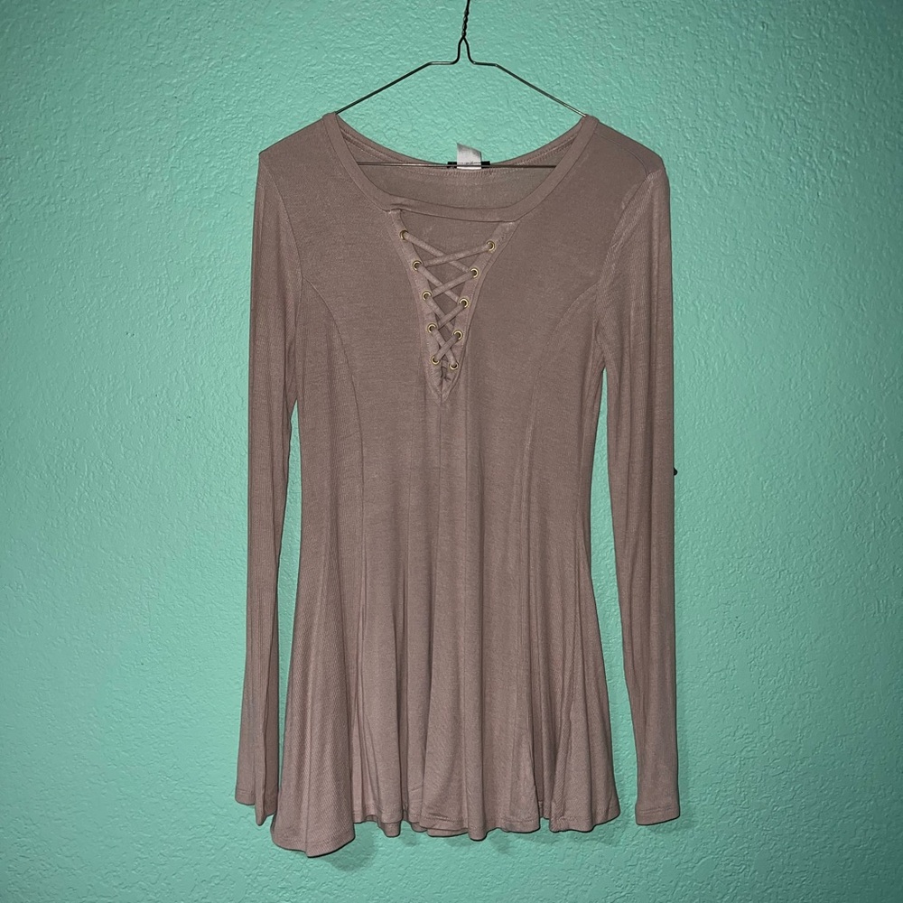 VENUS Lace-Up Long Sleeve Flared Dress - Taupe